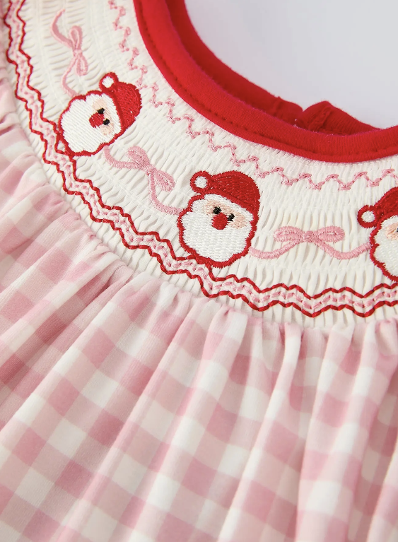 Pink Gingham Christmas Girls Dress: Santa Embroidery with Red Satin Ribbon