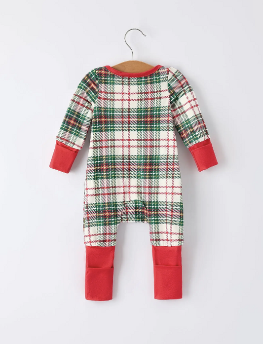 Christmas Plaid Baby Girls Romper with Long Sleeves and Red Cuffs