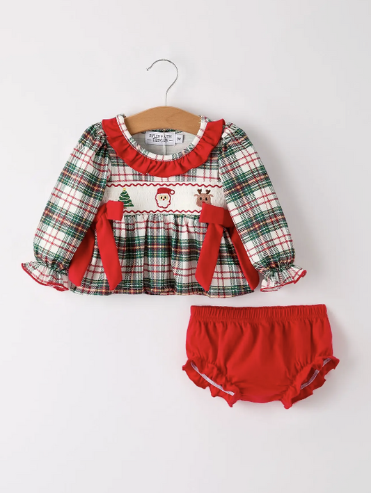 Christmas Plaid Smocking Embroidered Girls Bloomers Romper Set