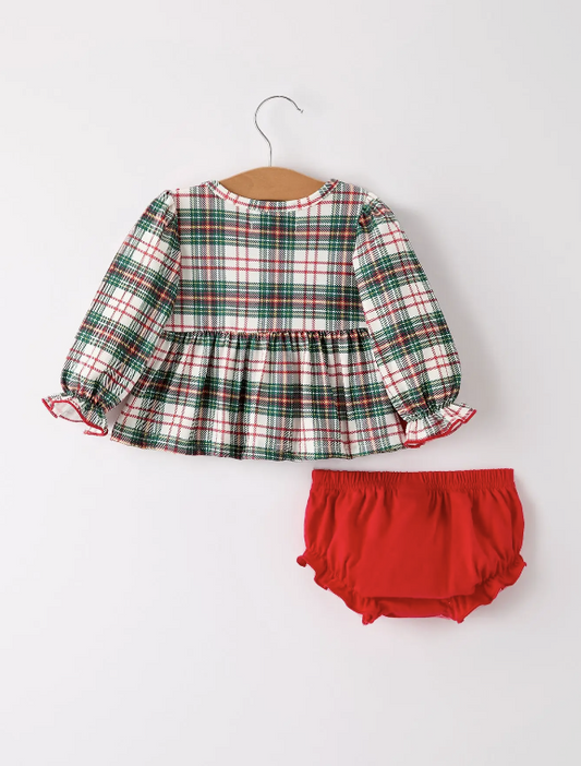 Christmas Plaid Smocking Embroidered Girls Bloomers Romper Set