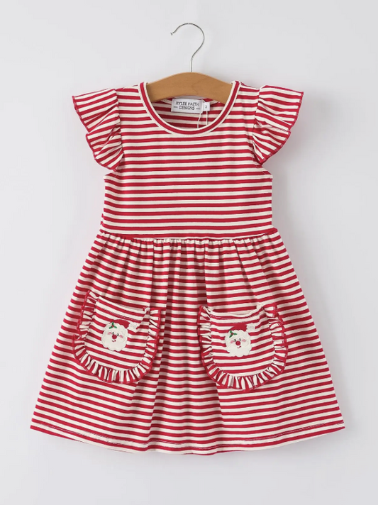 Christmas Red Stripe Dress with Santa Applique Pockets: Festive Fun