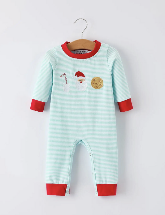 Christmas Santa Candy Cane Cookie Embroidery Baby Boys Striped Romper