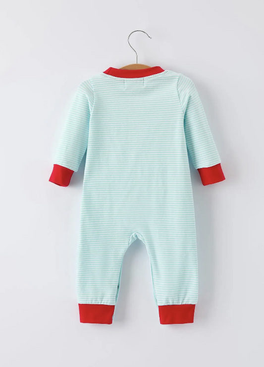 Christmas Santa Candy Cane Cookie Embroidery Baby Boys Striped Romper