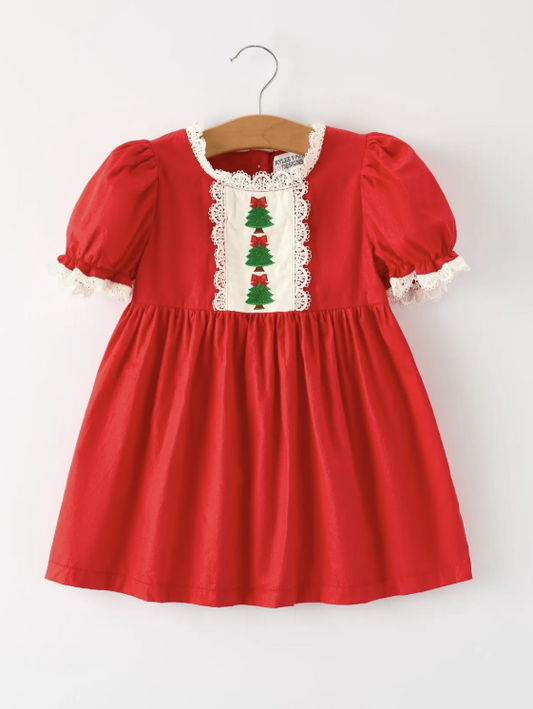 Red Christmas Girls Dress: Beautiful Embroidery with Lace Trim