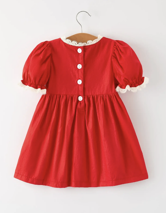 Red Christmas Girls Dress: Beautiful Embroidery with Lace Trim
