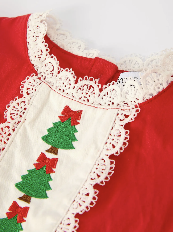 Red Christmas Girls Dress: Beautiful Embroidery with Lace Trim