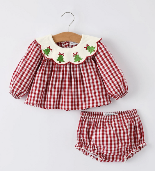 Christmas Tree Embroidery Red Gingham Long Sleeve Baby Girl Bloomers Set