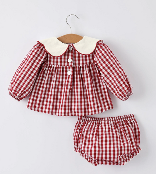 Christmas Tree Embroidery Red Gingham Long Sleeve Baby Girl Bloomers Set