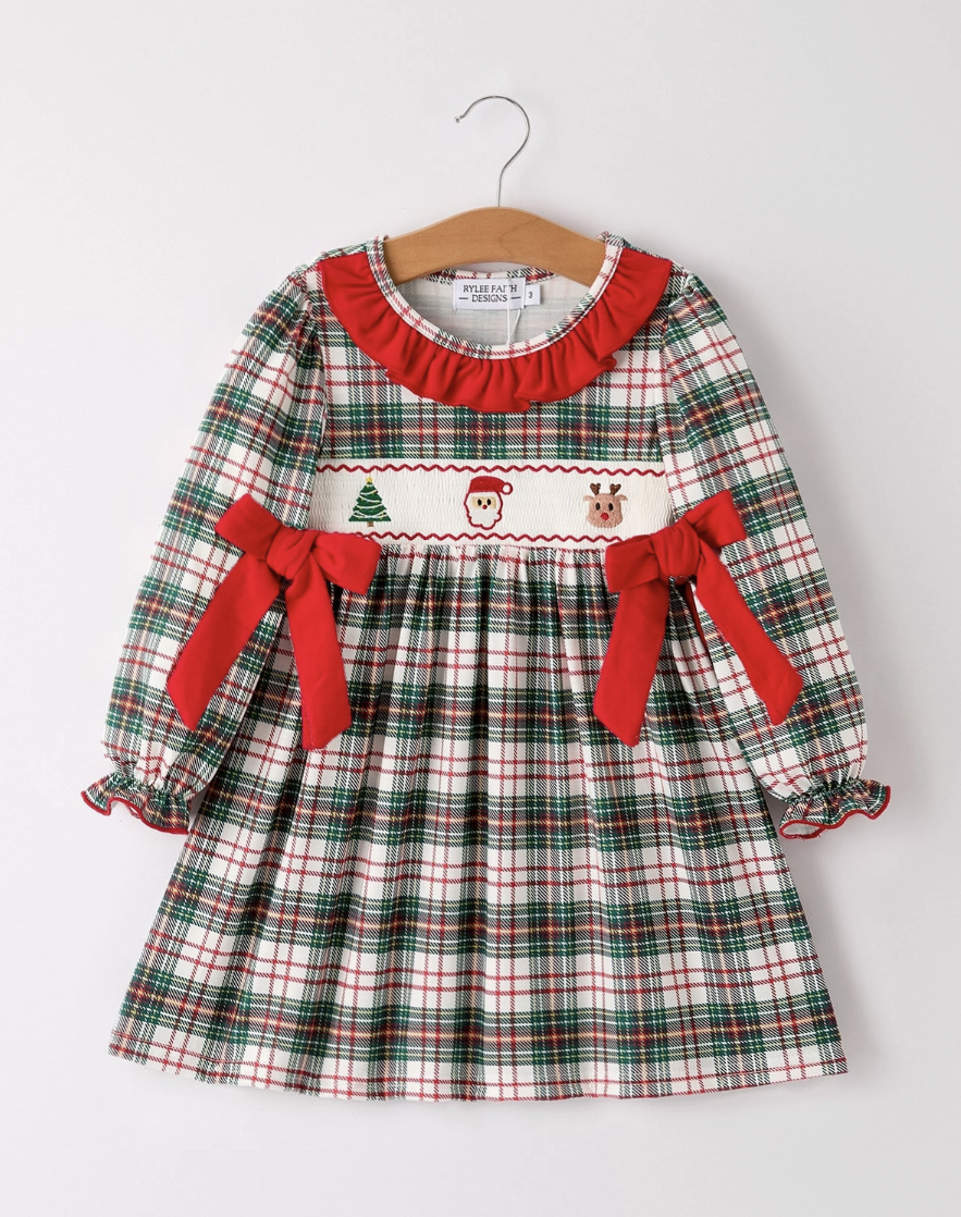 Christmas Embroidery Smocking Bow Plaid Girls Dress