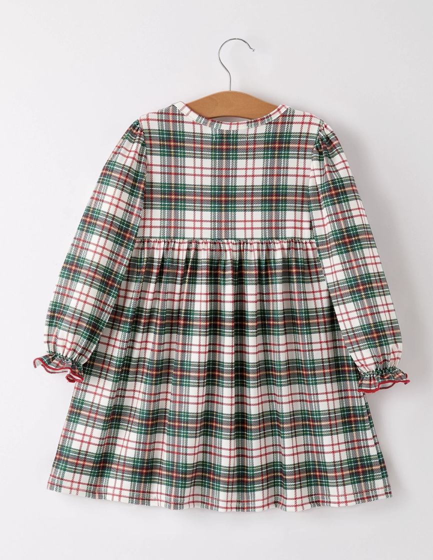 Christmas Embroidery Smocking Bow Plaid Girls Dress