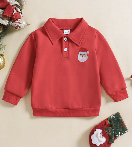 Santa Embroidered Red Polo Sweatshirt
