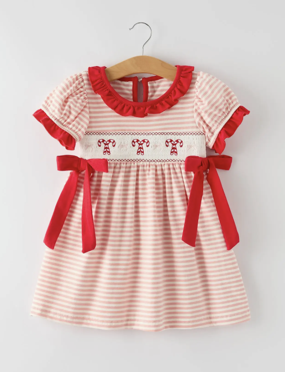 Christmas Candy Cane Smocking Embroidery Striped Girls Dress