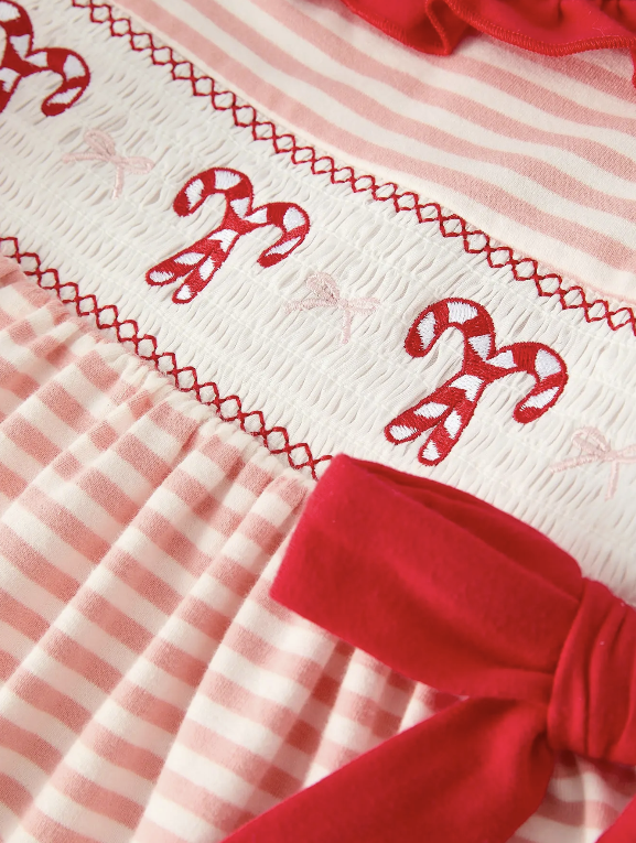 Christmas Candy Cane Smocking Embroidery Striped Girls Dress