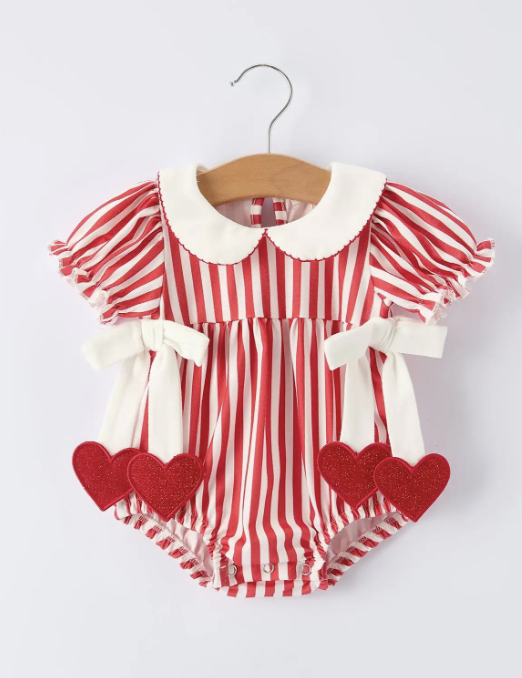 Valentine's Red Stripe Heart Bubble Romper