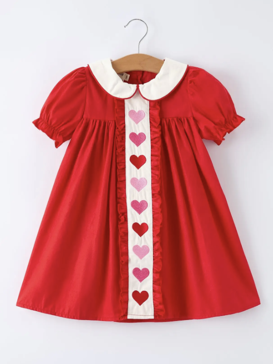 Red Ruffle Heart Embroidered Girls Dress