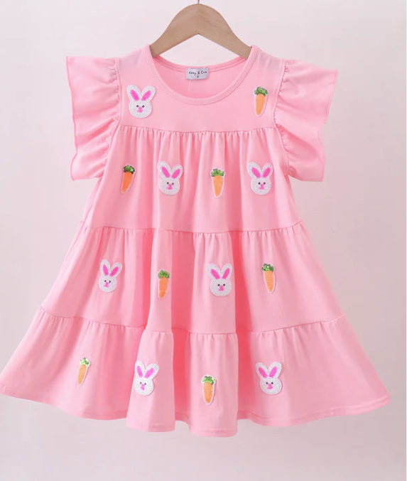Bunny Carrot Sequin Pink Tiered Ruffle Dress