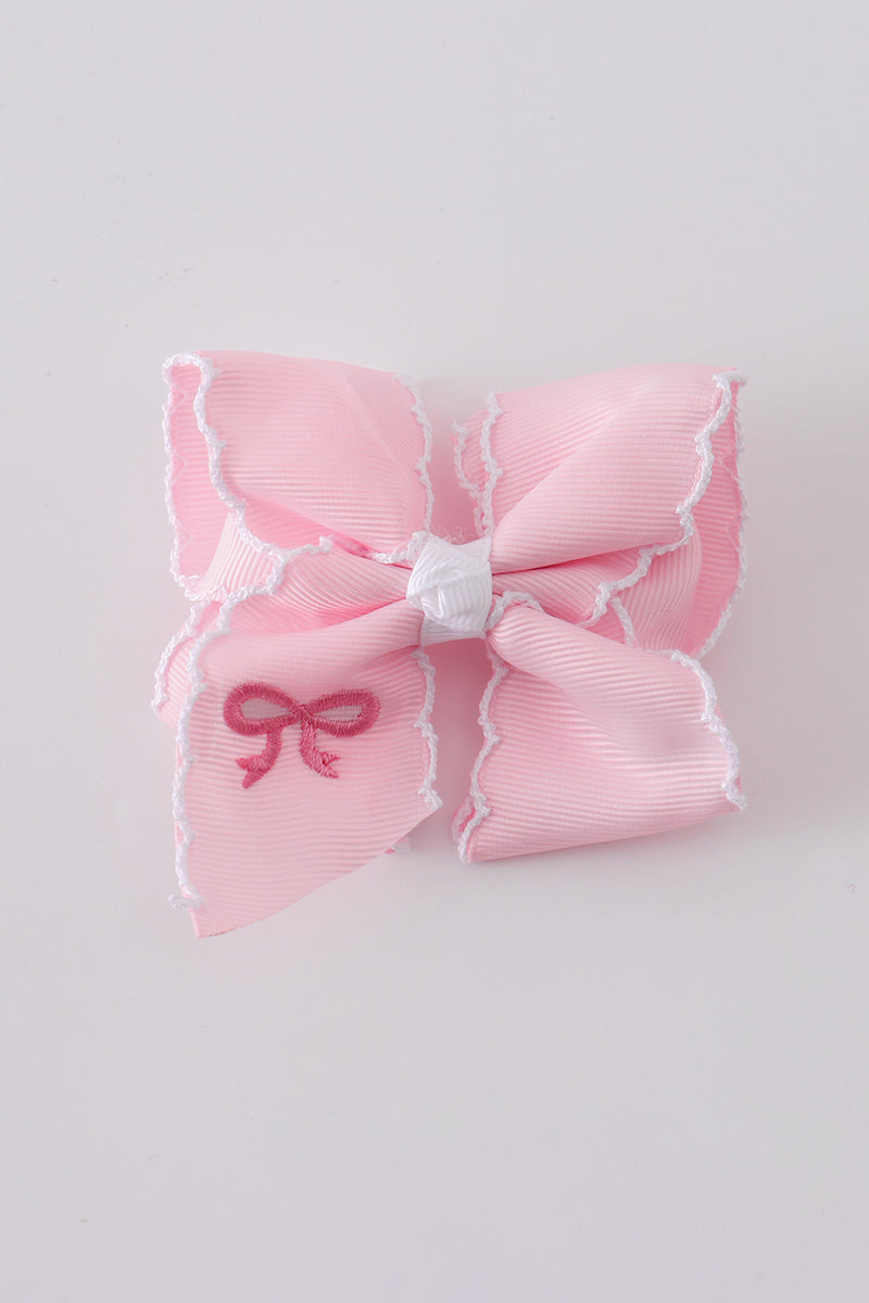 Pink Embroidery Hair Bow Small